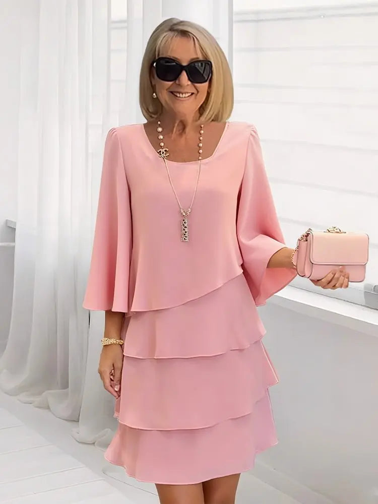Catherine Elegant Ruffle Comfort Dress - Pink