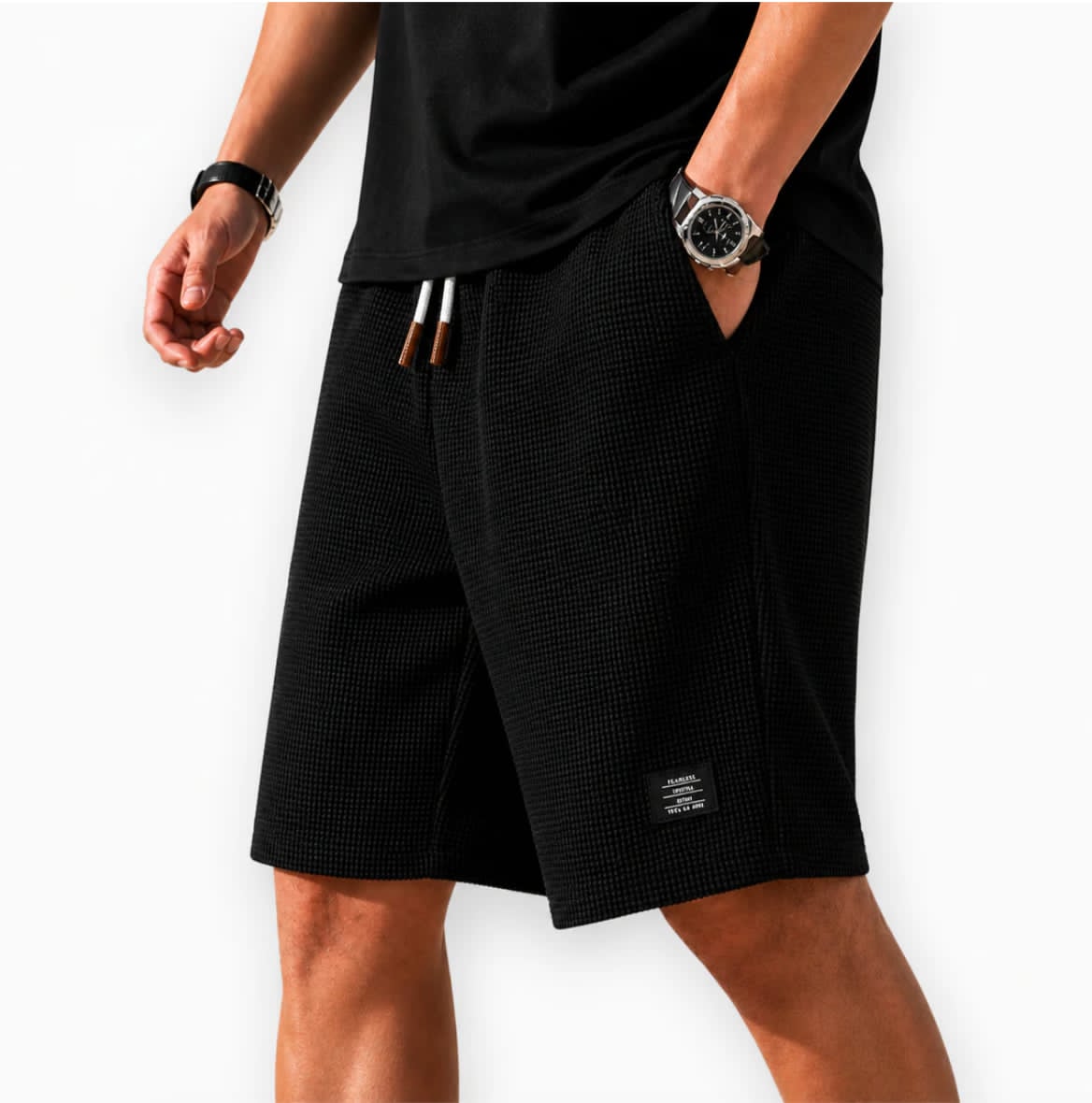 Bermuda Waffle Knit Capri Shorts - Black