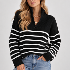 Linzara - Quarter Zip Striped Knit Sweater Everyday Casual Wear