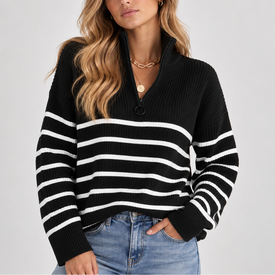 Linzara - Quarter Zip Striped Knit Sweater Everyday Casual Wear
