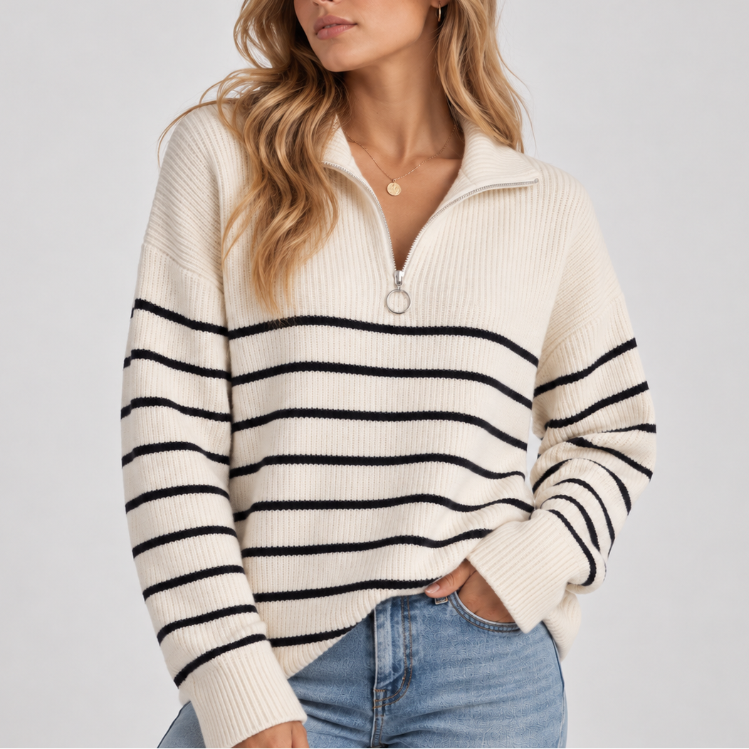 Linzara - Quarter Zip Striped Knit Sweater Everyday Casual Wear — view 2 of 4