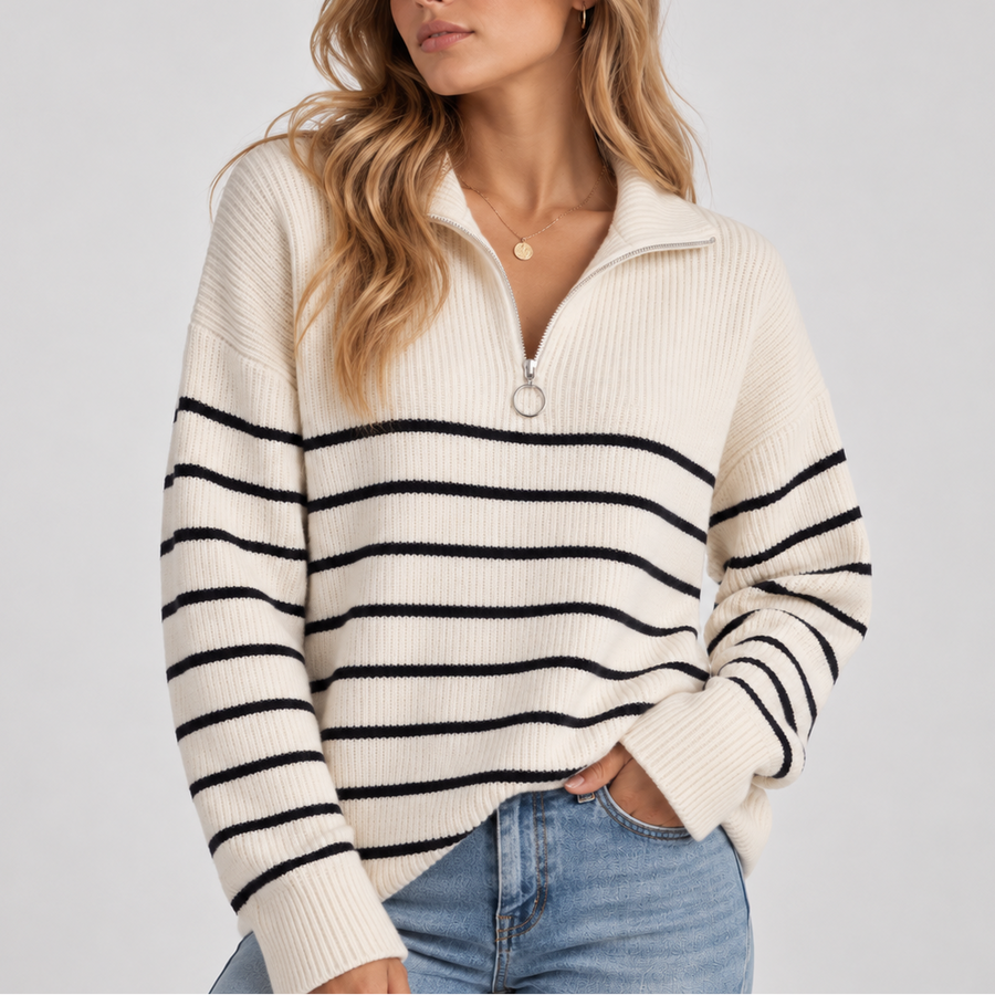 Linzara - Quarter Zip Striped Knit Sweater Everyday Casual Wear — view 2 of 4