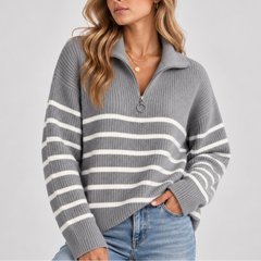 Linzara - Quarter Zip Striped Knit Sweater Everyday Casual Wear — view 3 of 4