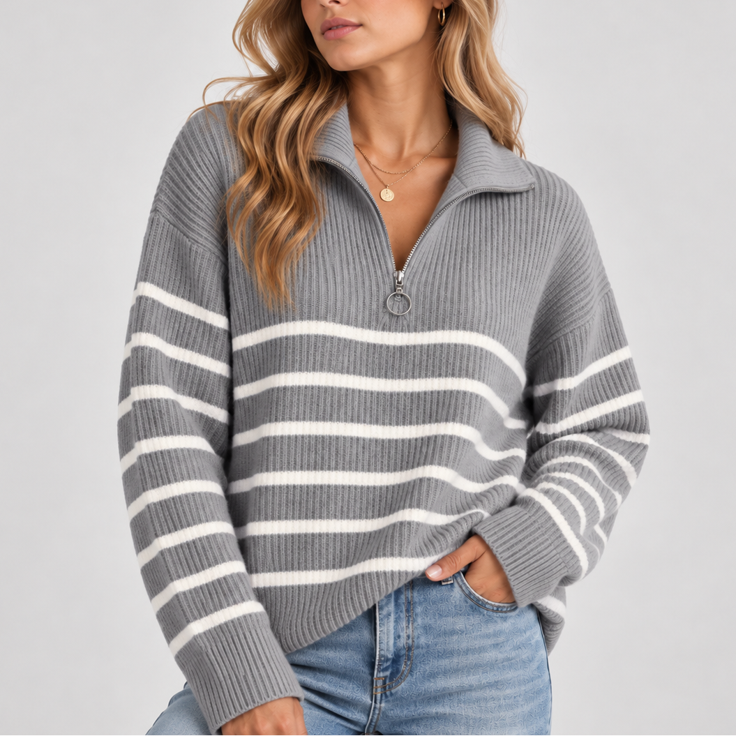 Linzara - Quarter Zip Striped Knit Sweater Everyday Casual Wear — view 3 of 4